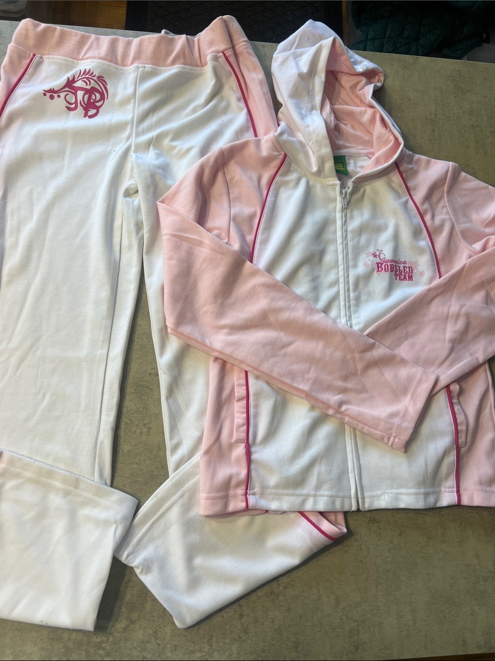 White & Light Pink Hooded Zip-Up Tracksuit - Bobsled Team Graphic